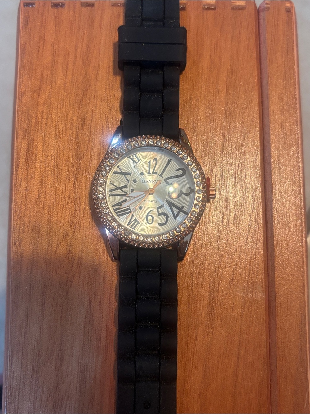 Geneva Black Silicone Strap Gold-Tone Crystal Bezel Women's Watch